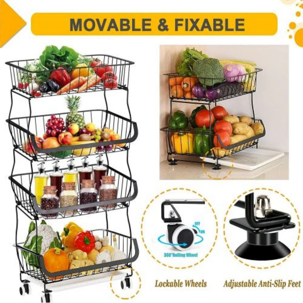 Fruit Vegetable Storage Basket for Kitchen 4 tier Stackable Metal Wire Baskets Cart Utility Fruits Rack Produce Snack Organizer