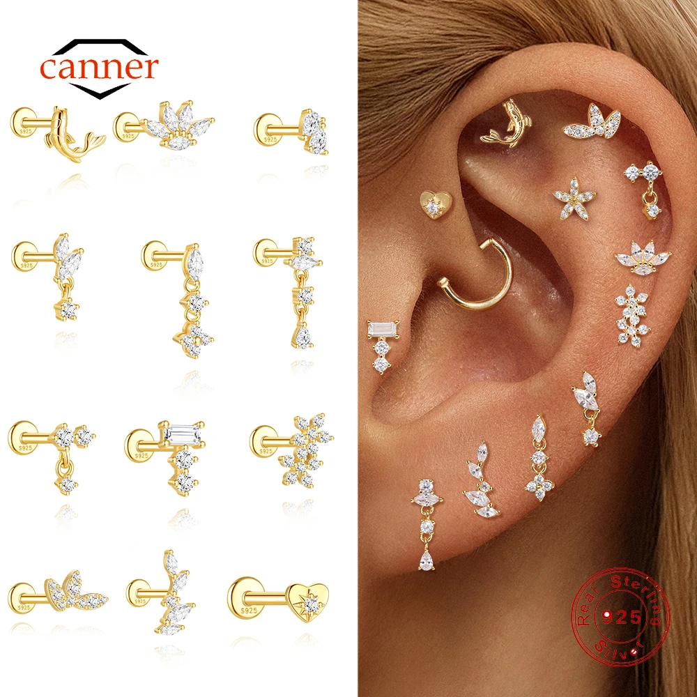 

CANNER 1PC 925 Sterling Silver Moon Eght-pointed Sar CZ Ear Bone Flat Back Puncture Earring For Women Ins Piercing Earrings