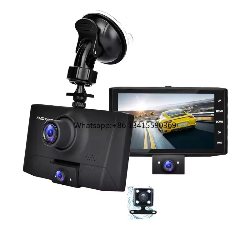 

4'' Car DVR 3 Lens 170 Wide Degree HD 1080P Dash Cam Dash camer Night Vision camer Car Front Back and Inside Video Recorder