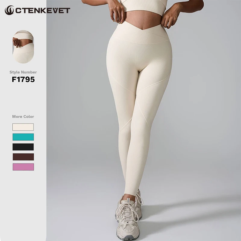 Ctenkevet V-Waisted Sports Pants Women Workout Ribbed Legging Gym Training Yoga Pants Female Casual Tight Pants Outdoor Run