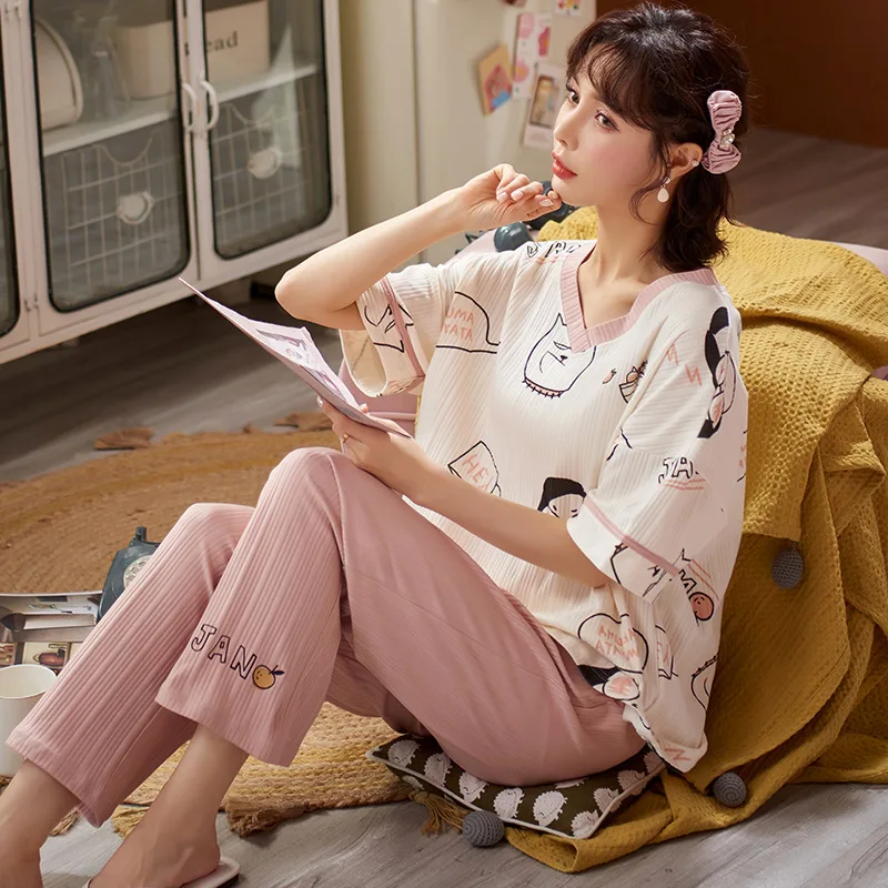 Cotton Full Length Pant & Short Sleep Tops Women's Pajamas Set Summer Spring Sleepwear Female Korean Home Clothes Mujer Pijamas