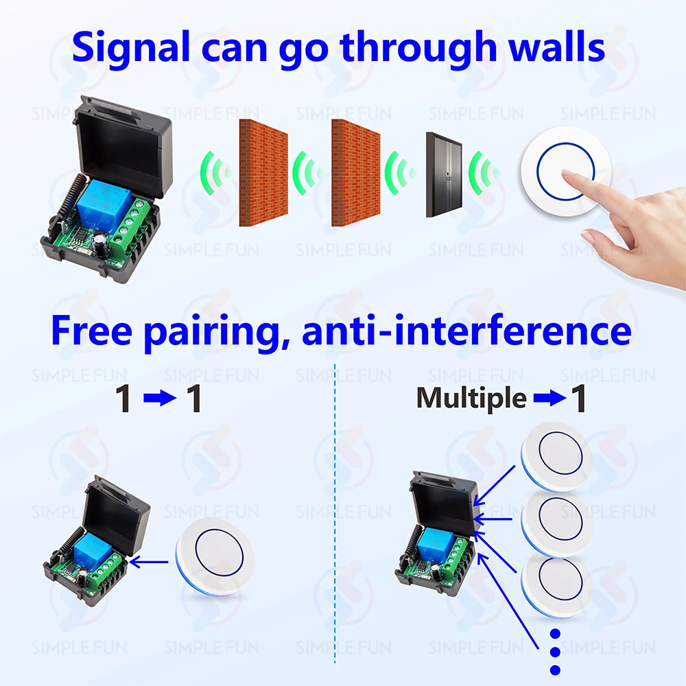 433Mhz Universal Wireless Remote Control Switch DC 12V 10A Relay,Mini Round RF Transmitter,for Light/Garage Door/Electronic Lock