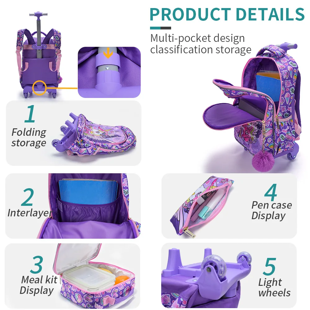 3PCS set Rolling Backpack For Girls Wheeled School BookBag With Lunch And Pen Bag Purple Unicorn Cute sequin Glow-in-the-dark