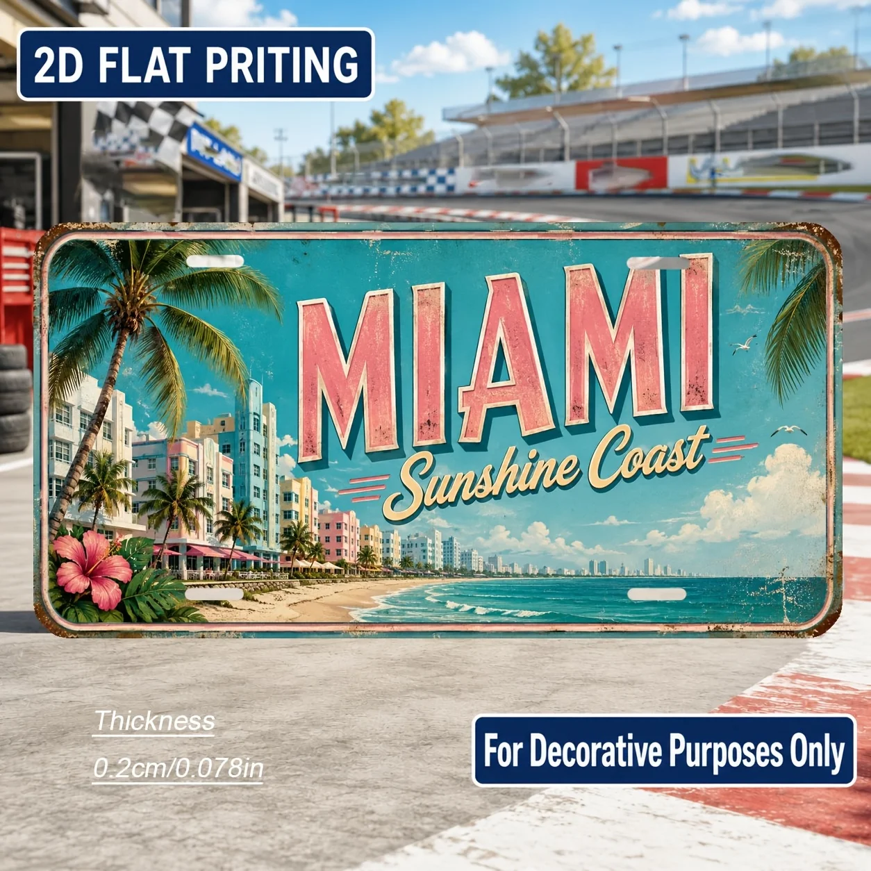 2D Flat - 【2D Flat】 2D Flat - [2D Flat] 2D Flat Printing, 1pc, Miami-Themed Retro License Plate, Home Decor, Birthday Gift, R