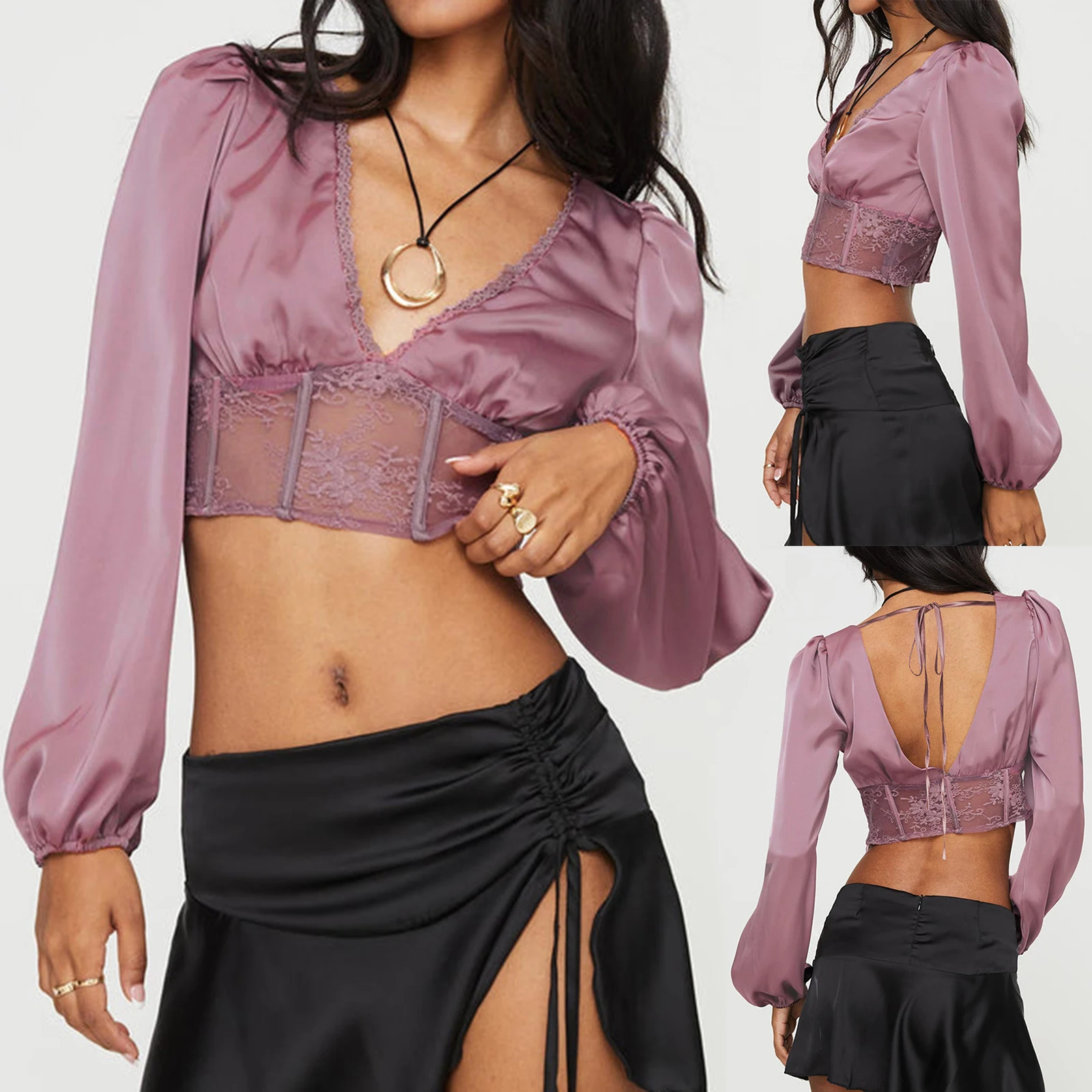 Fashion Women's Long Sleeve Blouse Purple V Neck Sheer Lace Floral Elegant Fall Spring Crop Tops