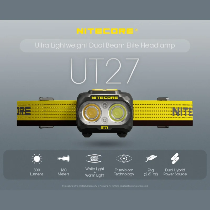 NITECORE NEW UT27 Headlamp Ultra Lightweight Triple Output Elite LIght Lamp Dual Beam LED Headlight with Rechargeable Battery