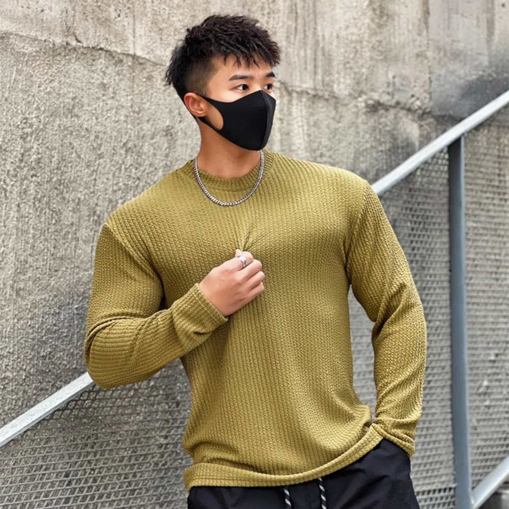 Autumn Winter Casual T-shirt Men Long Sleeves Solid Shirt Gym Fitness Bodybuilding Tees Tops Male Fashion Slim Stripes Clothing