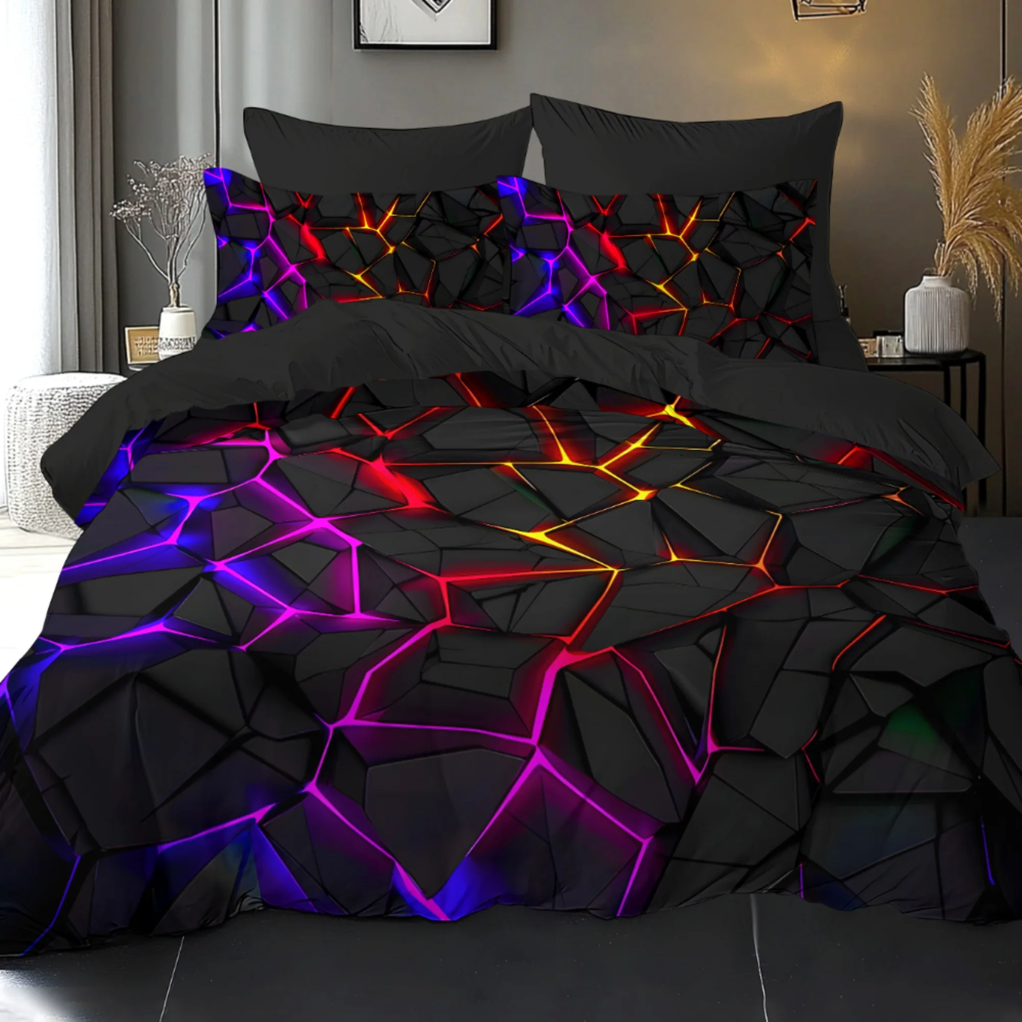 Digital Printing Duvet Cover Set, Pattern of Colorful Light Shining Through Black Rocks, It Uses a 3D Ultra-Soft Brushed, 3Pcs