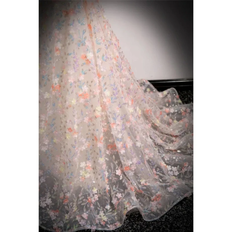 エレガントなライトピンクのイブニングドレス レディース フラワーアップリケ オフショルダー フロアレングス Aライン プロムドレス