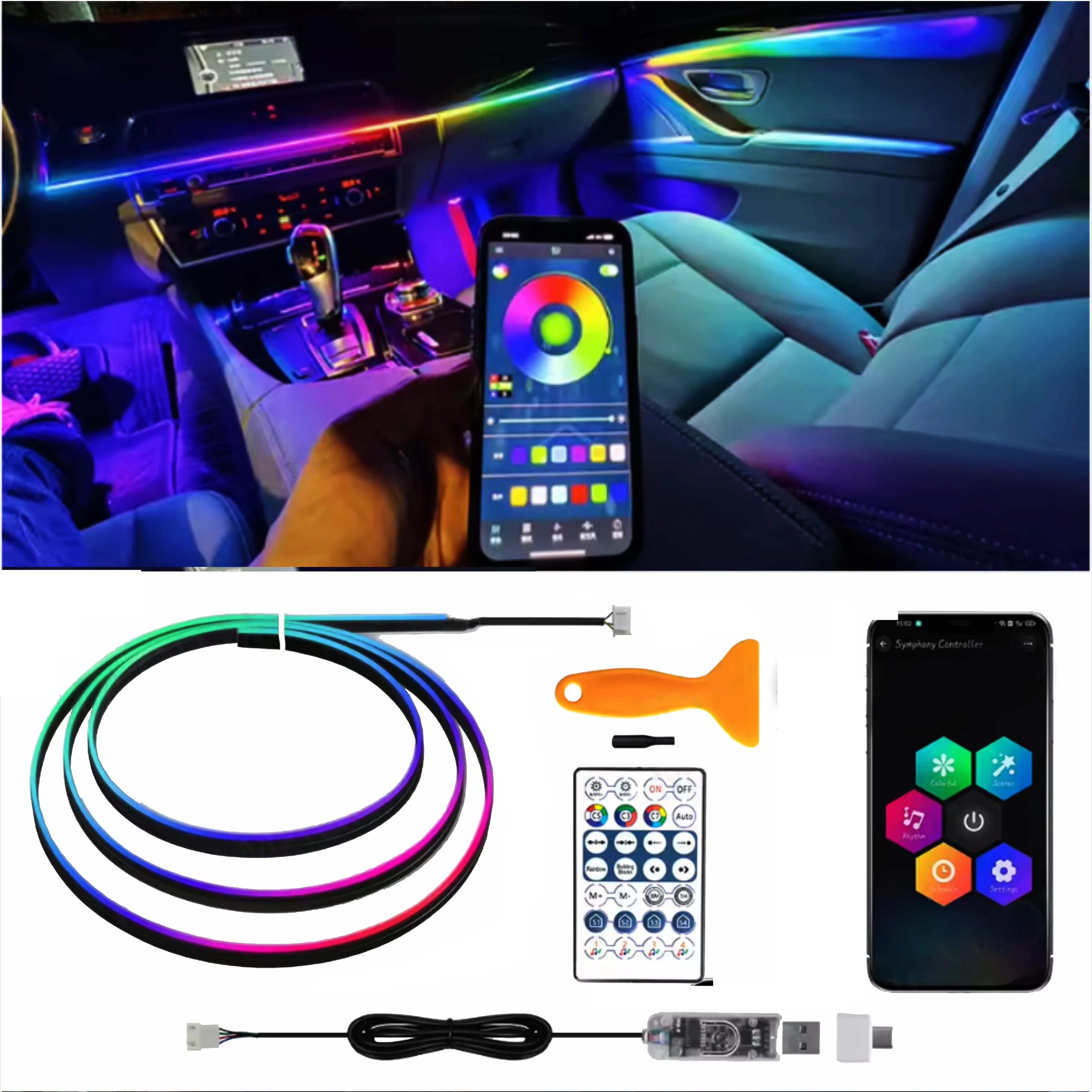 Sterowanie aplikacją USB do oświetlenia ambientowego w samochodach Tesla Model, taśma LED akrylowa RGB Symphony Atmosphere Lamp o długości 110/140 cm.