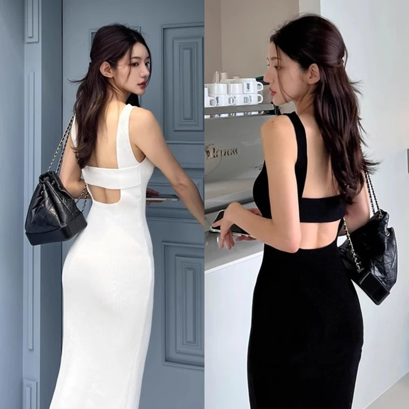 2026 New Elegant V-neck Slim-fit Long Knit Dress with Back Cutout Design - Perfect for Summer and Autumn