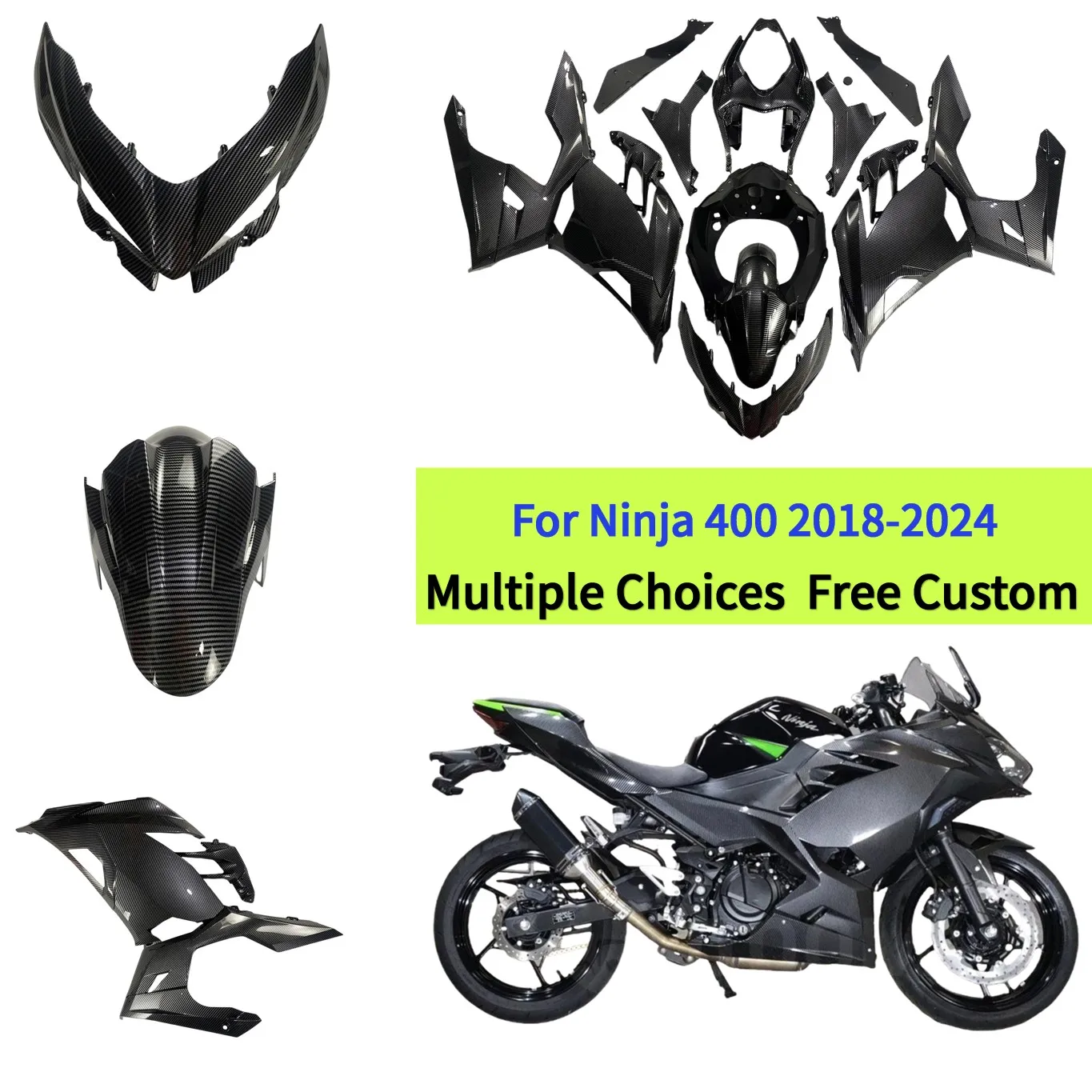 

Motorcycle Full Fairings for Kawasaki Ninja 400 2018-2024 Carbon Look Gloss Black Twill ABS Injection Molded Bodywork set