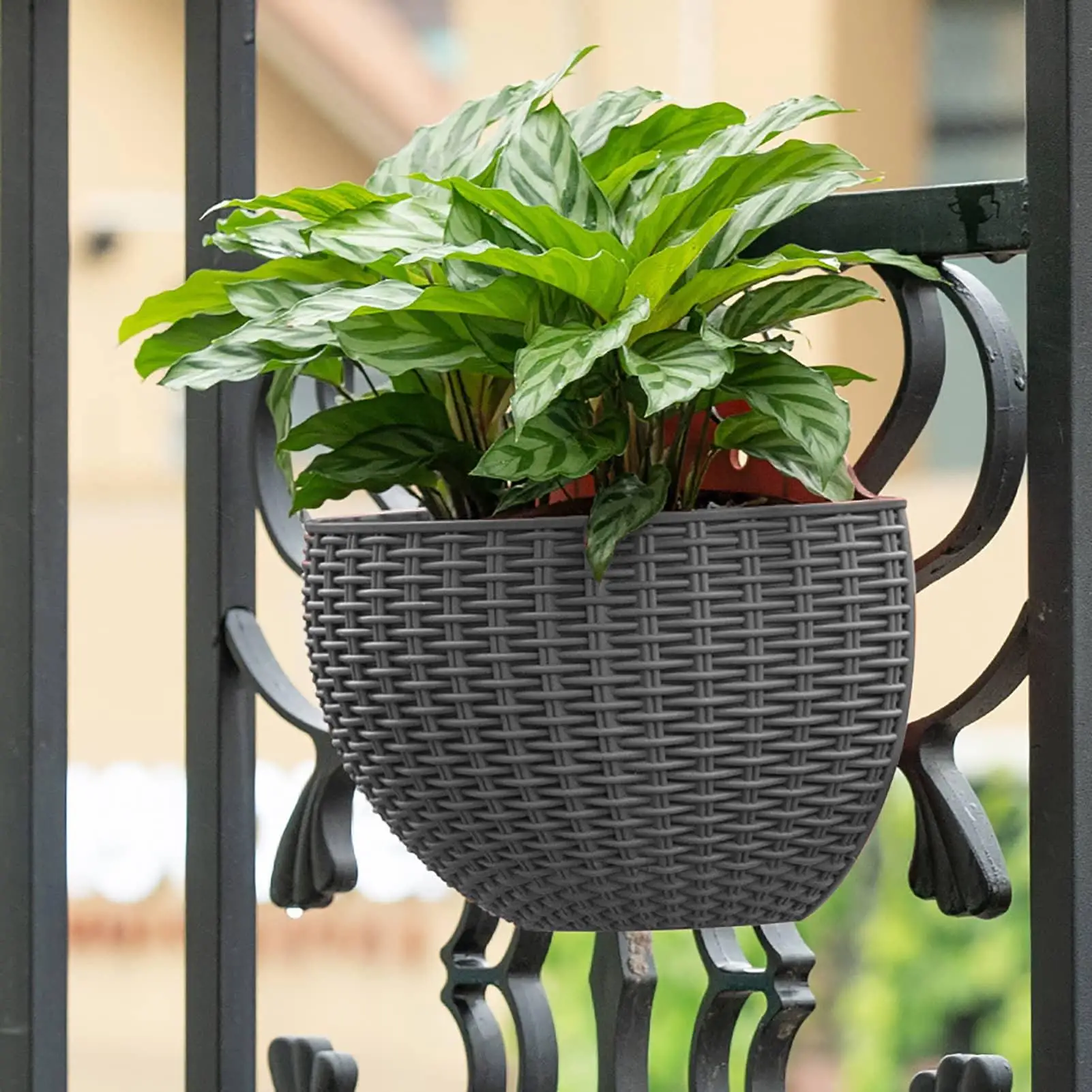

Wall Planter Imitation Rattan European Style Semicircle Plant Baskets Wall Decorations for Balcony Fence Indoor Outdoor Home