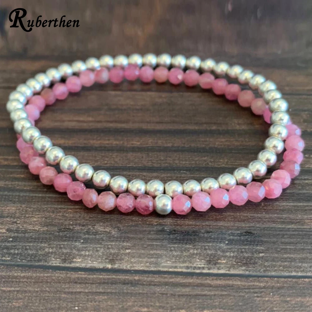 Ruberthen Pink Tourmaline Mini Mala Gemstone Bracelet 4 MM Crystals Heart Chakra Balance Bracelet Hematite Energy Jewelry Set