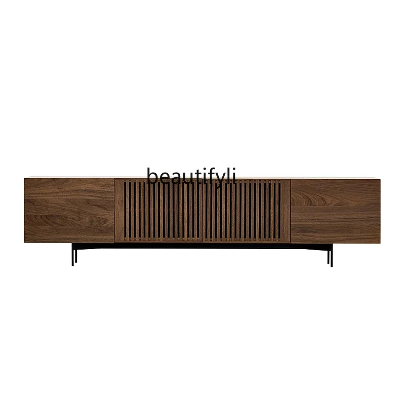 

Solid Wood TV Cabinet Black Walnut Light Luxury Living Room Nordic Log Floor Cabinet Combination