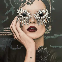 Black Evil Eye Tassel Sunglasses Frame Statement Imitation Pearl Crystal Eyeglass Glasses Women Halloween Eyewear Accessories