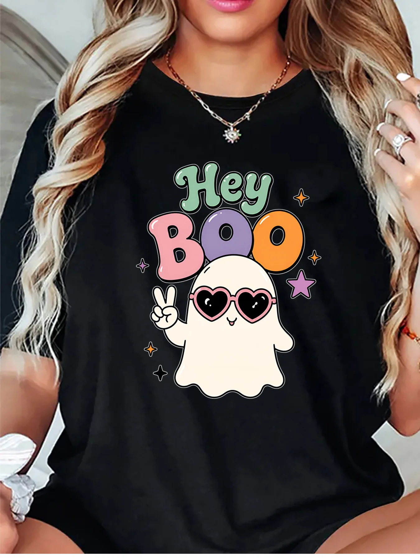 Cute Hey Boo Ghost Heart Sunglasses Peace Star Halloween Graphic Womens T Shirt Short Sleeve Crew Neck Casual Ladies Tee Tops