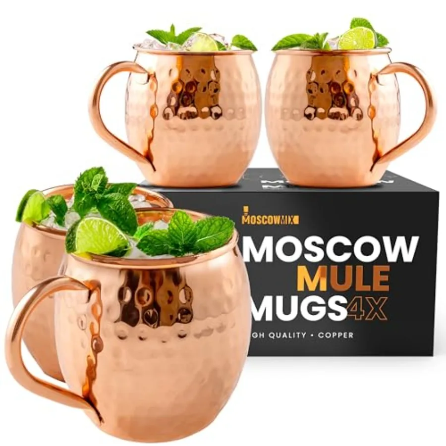 

Набор кружек для Moscow Mule - 4 штуки - 100% чистая медь, большой объем 16 унций - безопасные для пищевых продуктов - премиальные кружки для Moscow Mule, набор из 4 штук - из цельной меди
