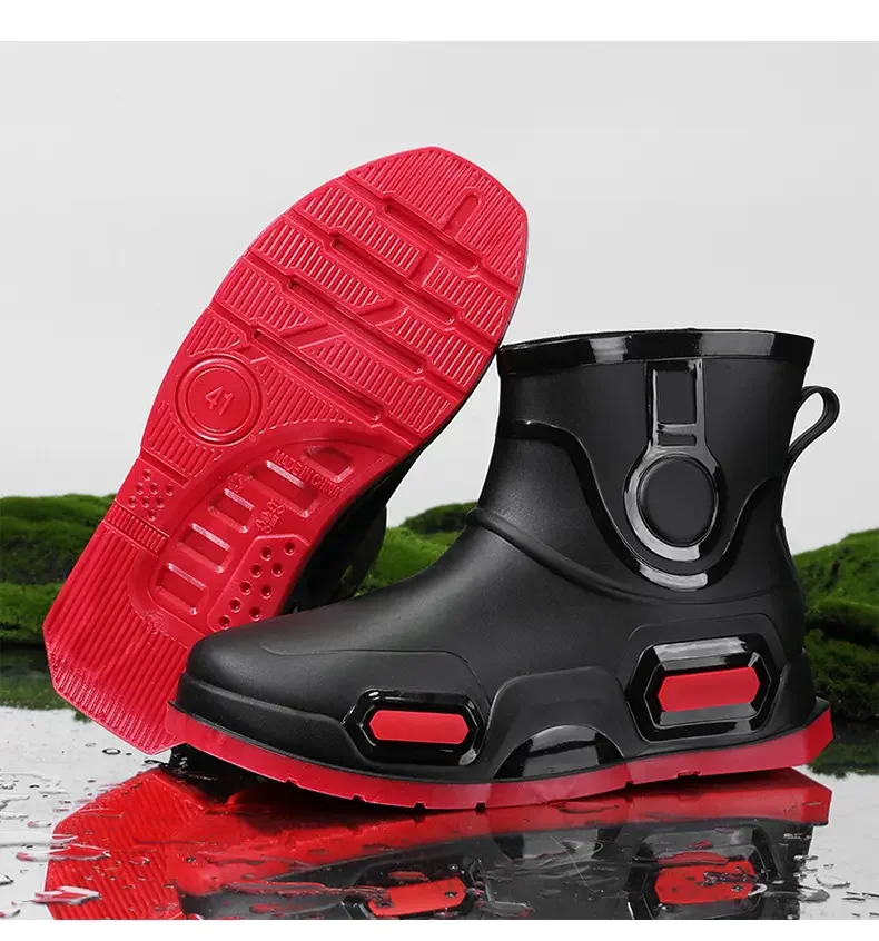 Men's New Four Seasons High Top Flat Sole Rain Shoes Soft Sole Non Slip Slip-On Waterproof Kitchen Work Shoes Fishing Water Shoe