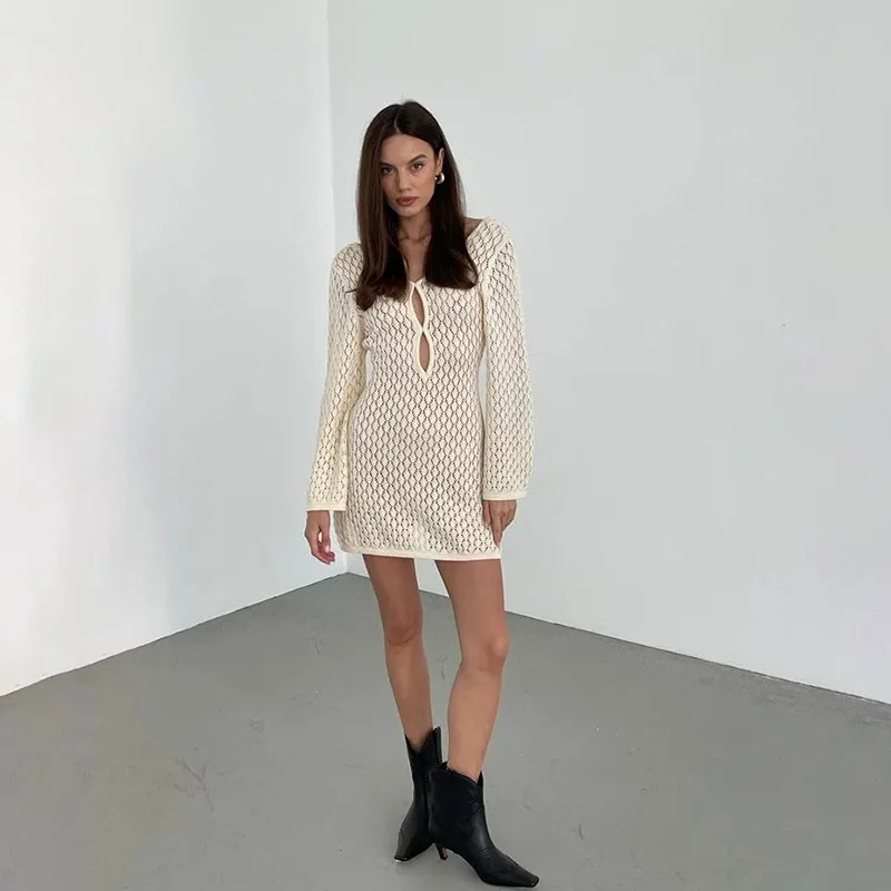 2024 Beige Knitted Hollow Out Mini Dress Women Long Sleeve Backless Slim Summer Beach Dress Female Fashion Sexy Cover-Ups