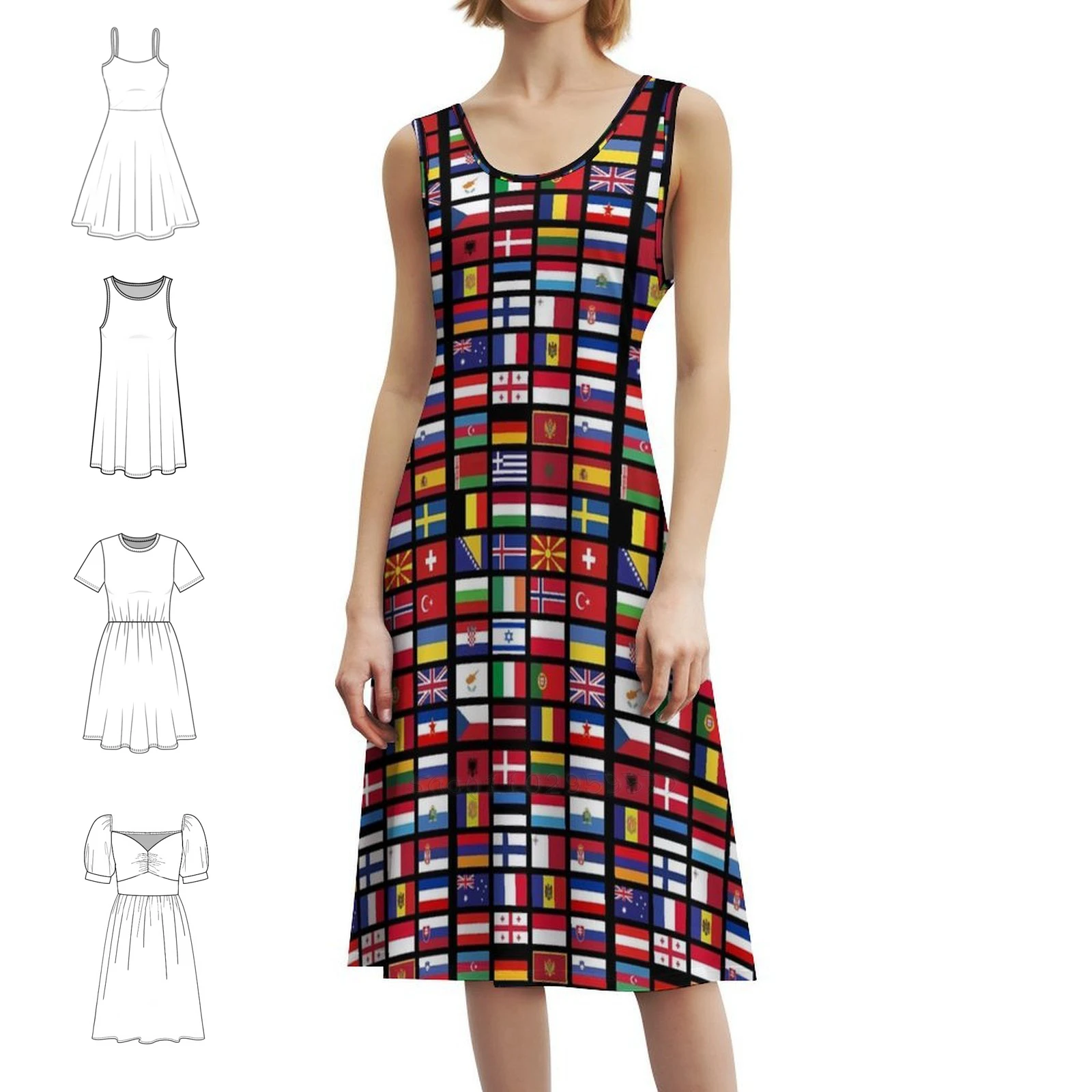 Bandeiras de boêmio vestido sem mangas multi-impressão praia férias vestido de festa canção concurso vestido de noite feminino