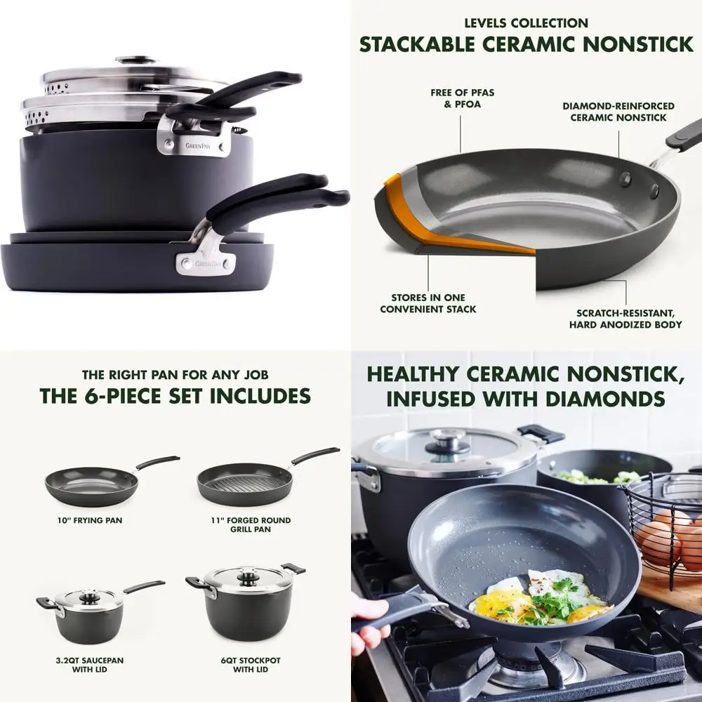

6-Piece Stackable Hard Anodized Ceramic Nonstick Cookware Set by GreenPan, Healthy PFAS-Free, Dishwasher Safe