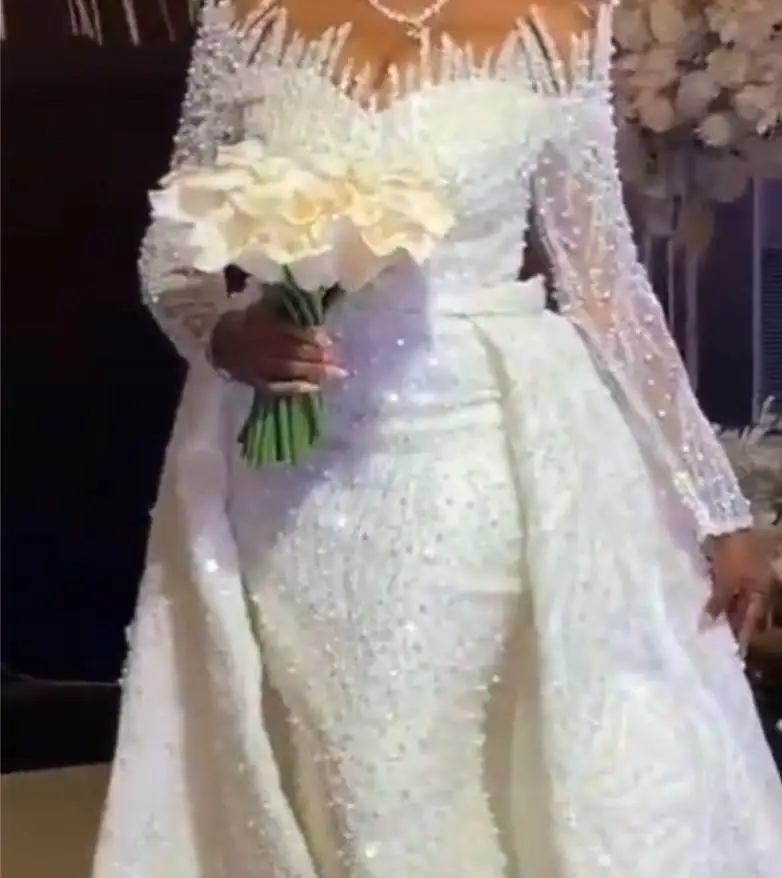 Vestido de novia de sirena con cuentas de perlas y cola desmontable, personalizado, nuevo, de lujo, hecho a medida, vestido de novia de manga larga