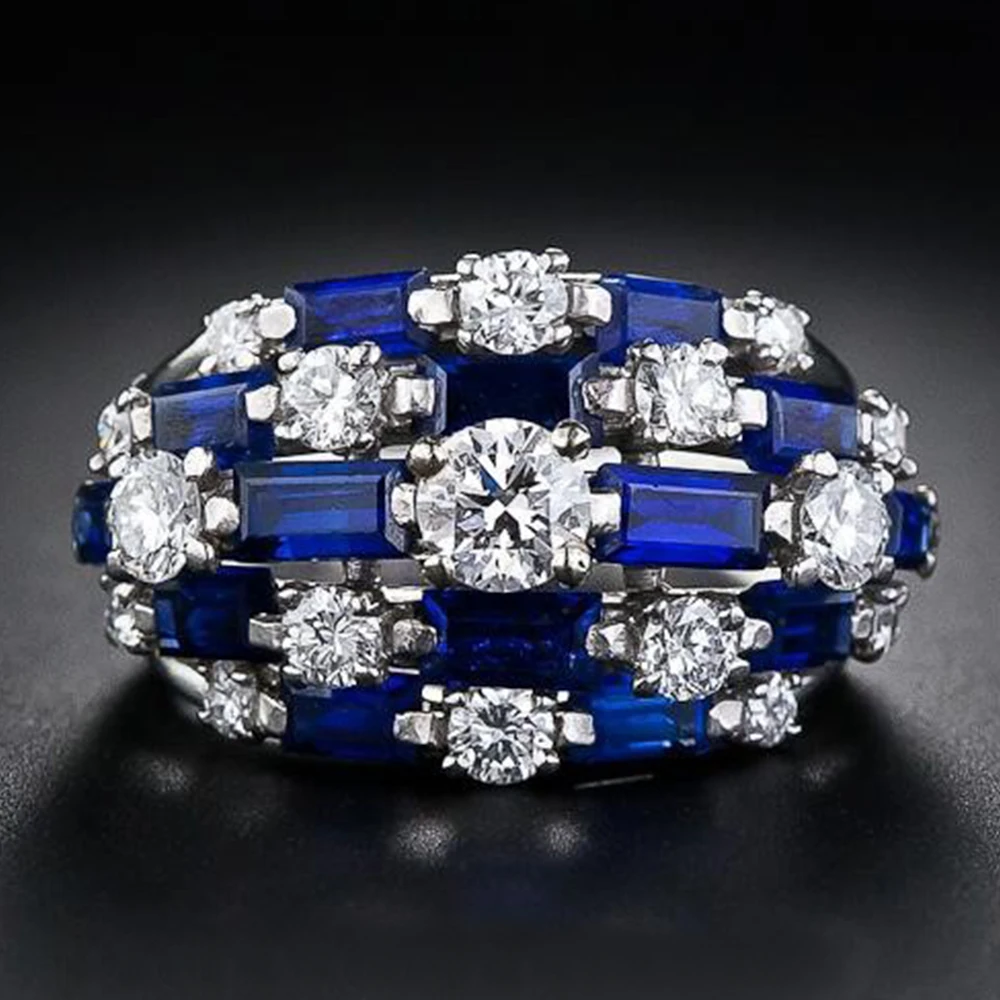 Huitan Nowy modny damski pierścionek z niebiesko-białym CZ Full Bling Iced Out Kobiece szerokie pierścionki na imprezę Biżuteria Drop Shipping