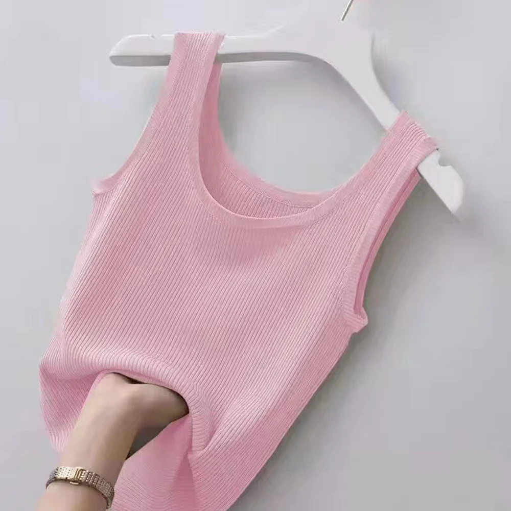 Women's Clothing Tanks For Female Ice Silk Camisole With Solid Knit Bottoming Shirt Sleeveless T-shirt Summer Inner Wear Soft