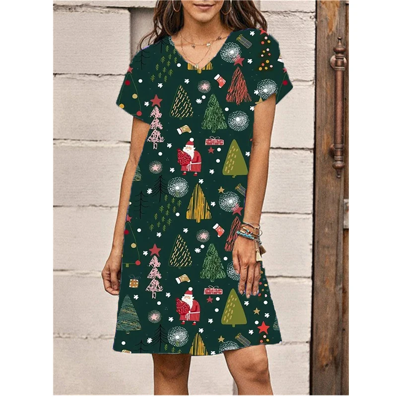 Sweet Cartoon Santa Claus Print Women Dress New Summer Sexy V-neck Loose Mini Dress Street Casual Christmas Party A-Line Dresses