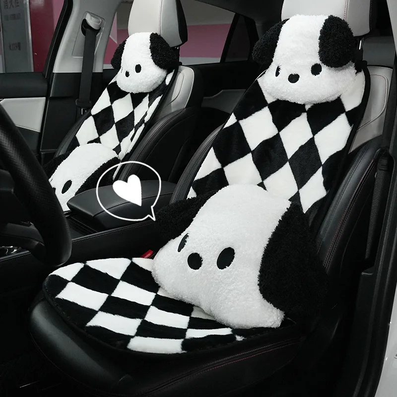 

2024 Black White Grid Plush Car Seat Cushion Soft Seat Covers Auto Chair Mat Fashion Decoration Universal Interior Accessories