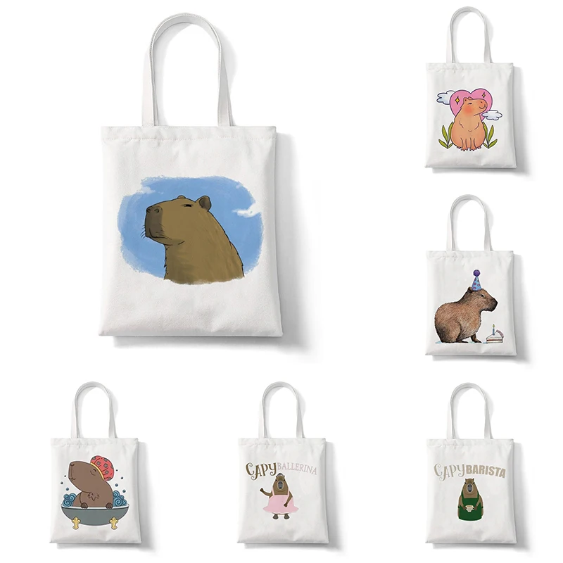 Women Shoulder Bags Cute Capybara Print Reusable Shopping Bag Canvas Tote Bags Printing Eco Bag Cartoon Large Shopper Beach Bag