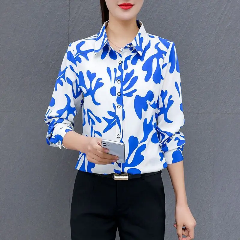 2024 High End Women\'s New Spring Autumn Turn-down Collar Button Printed Elegant Versatile Slim Long Sleeve Commuter Shirt Top