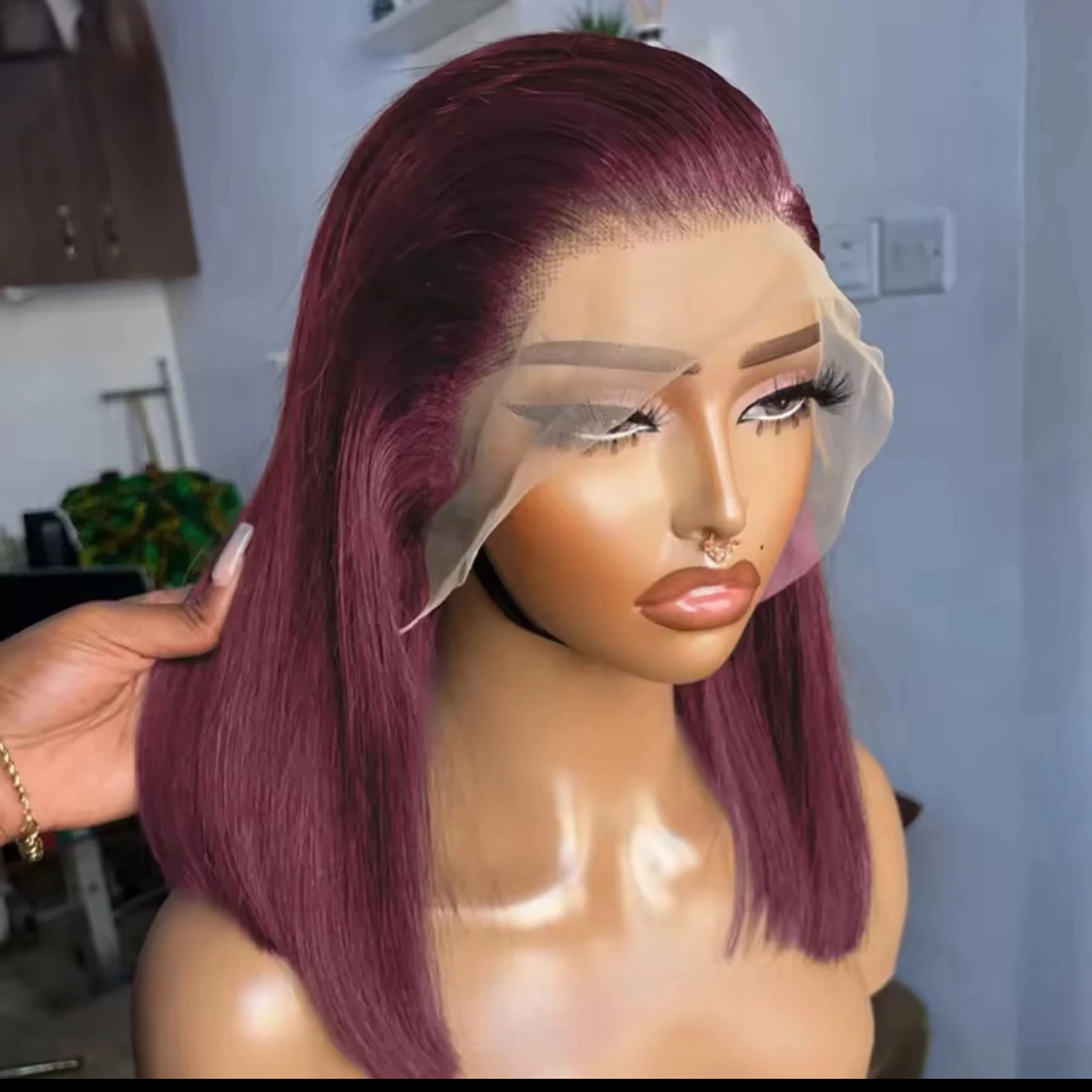 

99J Red Burgundy Color Short Bob Straight Blunt Cut 13X4 Lace Front Synthetic Wigs For Women Preplucked With Baby Hair Cosplay