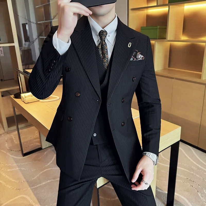 (Jackets+Pants+Vest) Luxury Stripe Men Suit High Quality Double Breasted Elegant Fashion Tuxedo Formal Groom Wedding Social Suit