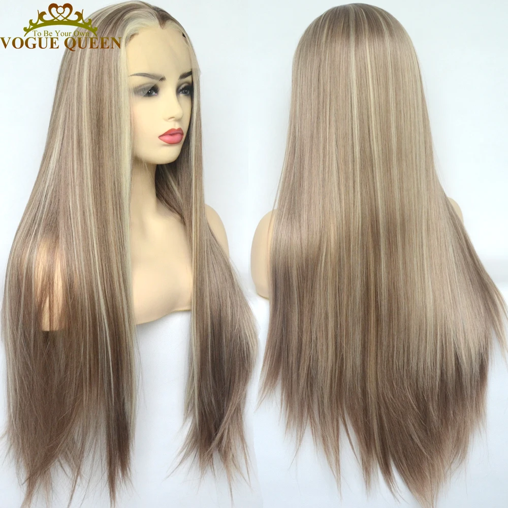 

VogueQueen Highlight Blonde Lace Front Wig Synthetic Hair Free Part Light Brown Long Silky Straight For Women