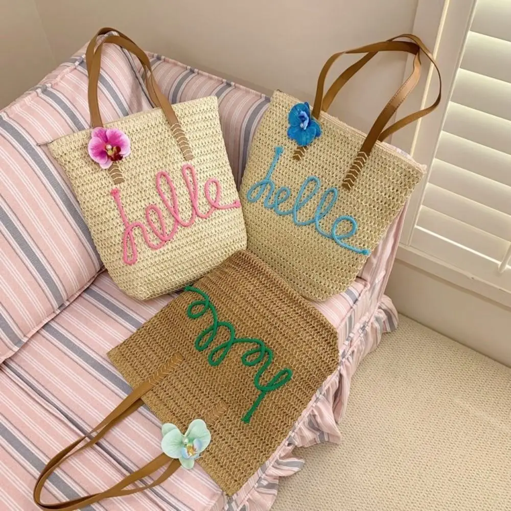 

Trendy Large Capacity Weave Tote Bag Flower Fashion Bohemian Shoulder Bag Letter Simple Summer Beach Straw Handbag Beach