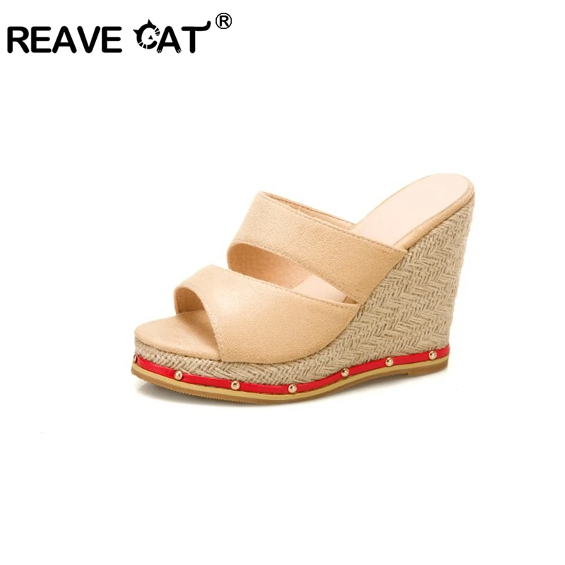 REAVE CAT Women 2021 Wedge Sandals Leisure Sweet Concise Slip-On Open Toe Strip Cutout Hemp Size 34-50 A3968