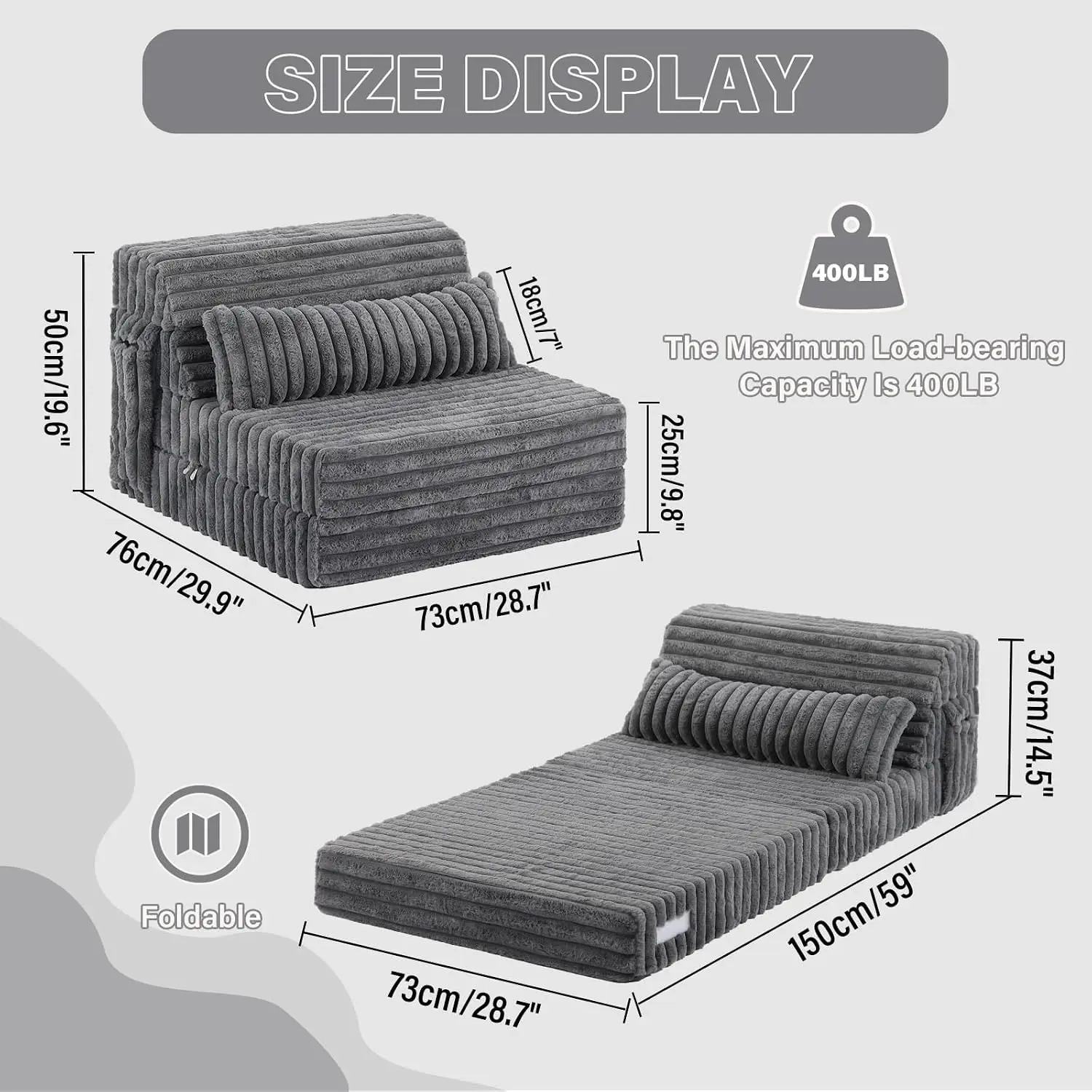 Single Size Convertible Folding Sofa Bed, Sleeper Chair Mattress Couch Bed with Pillow and Side Pocket, Thick Corduroy Floor Mattress, Gray