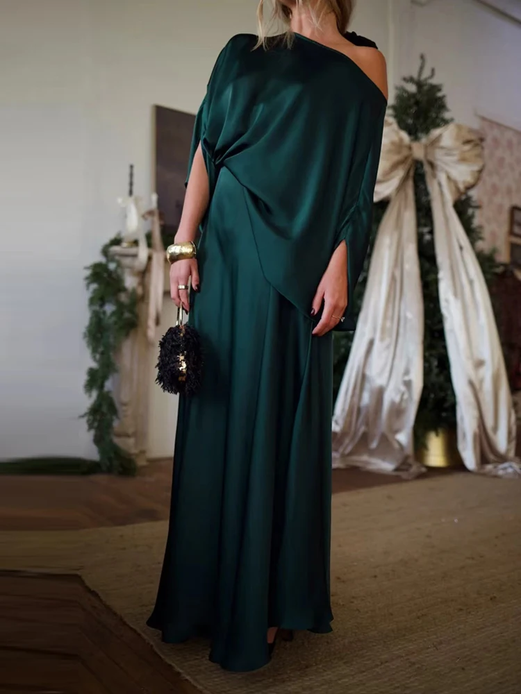 

Стильный комплект из сатинового платья с рукавами «летучая мышь» и юбки с высокой талией для повседневных поездок и торжественных мероприятий, 2 предмета