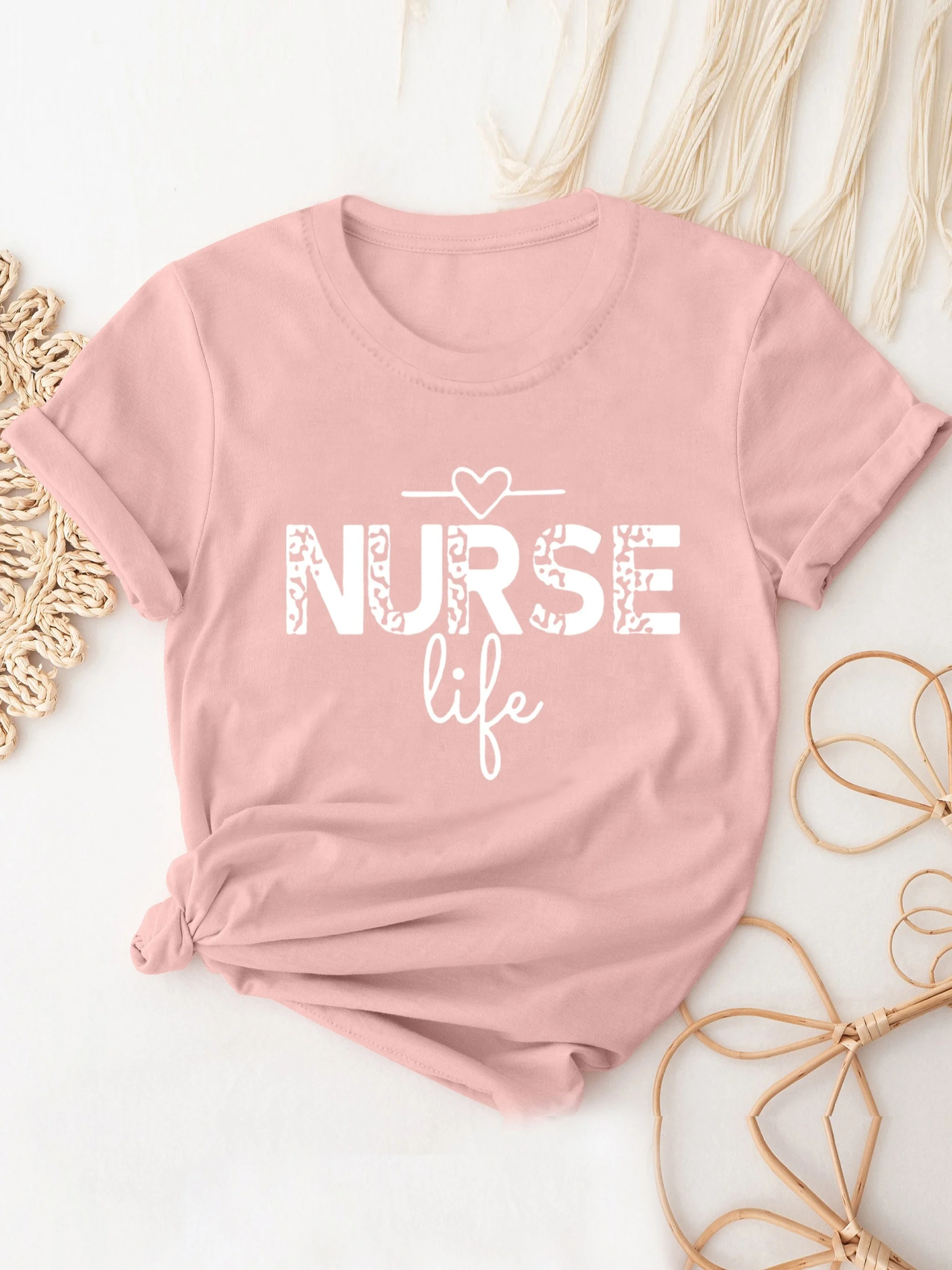 Nurse Life Print T-Shirt, Short Sleeve Crew Neck Casual Top For All Season, Women\'s Clothing casual basics O-collar T-shirt