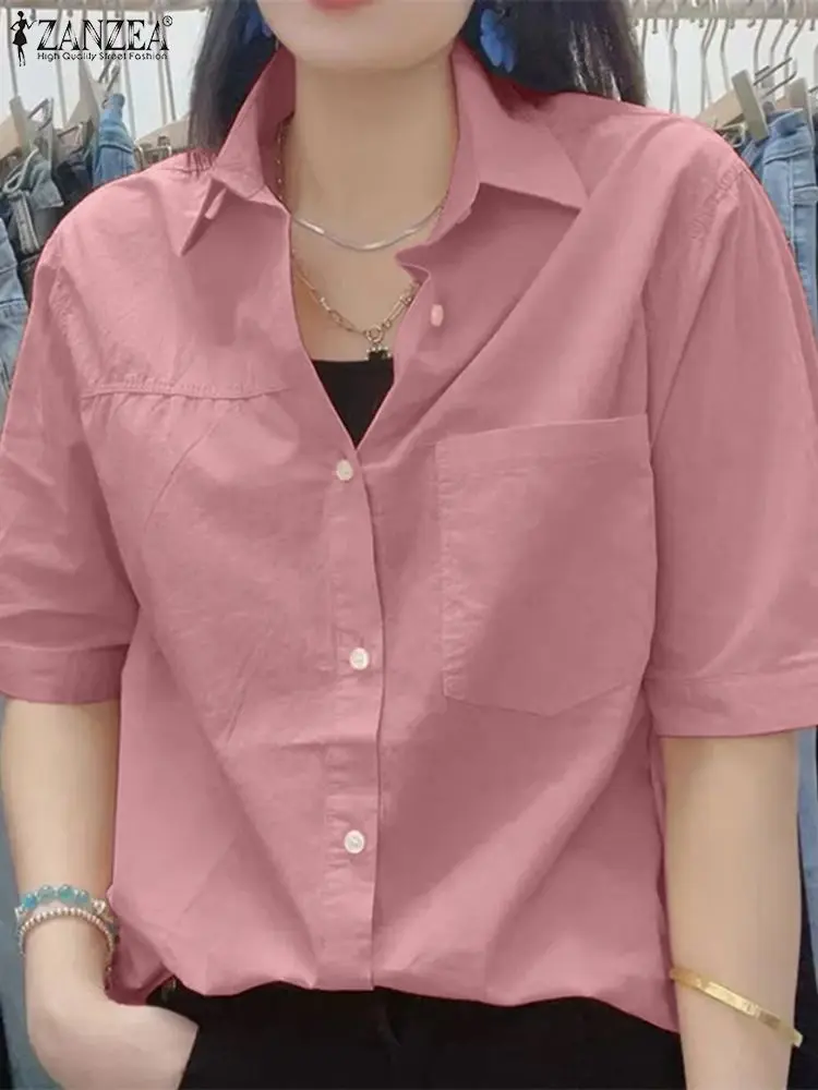 

ZANZEA Elegant Women Summer OL Work Blouse Half Sleeve Sleeve Casual Solid Shirt Fashion Lapel Neck Buttons Up Blusas Tops Femme