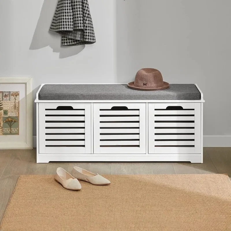 White Storage Bench with Lift-Up Top, Cabinet Door and Padded Cushion, Shoe Bench, Shoe Rack for Entryway