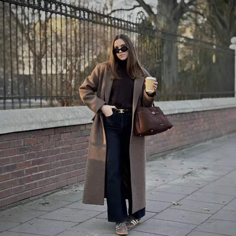 European American Women' Clothing Fashion Casual Lapel Handsome Long Woolen Coat Jacket Exquisite Simple Trend Personality Retro