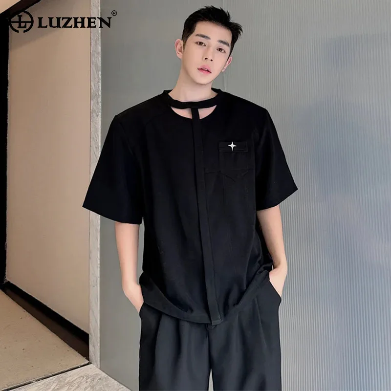 

LUZHEN Sleeved Design T Original Hollow Summer New Short Shirts Fashion Handsome Casual Tops High Quality Solid Color JY2571
