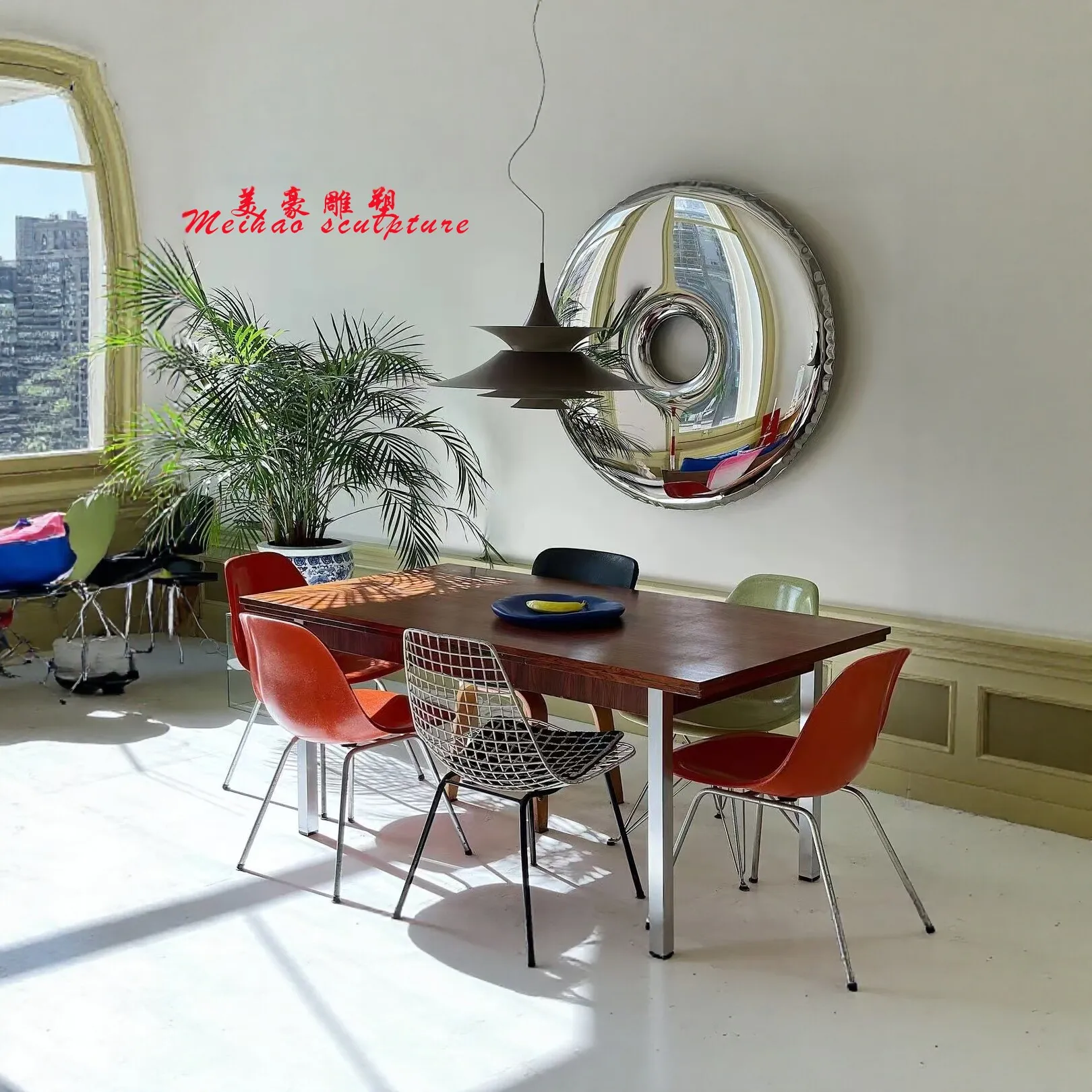 Light luxury stainless steel donut round wall decoration hotel model room living room dining room background wall mirror design