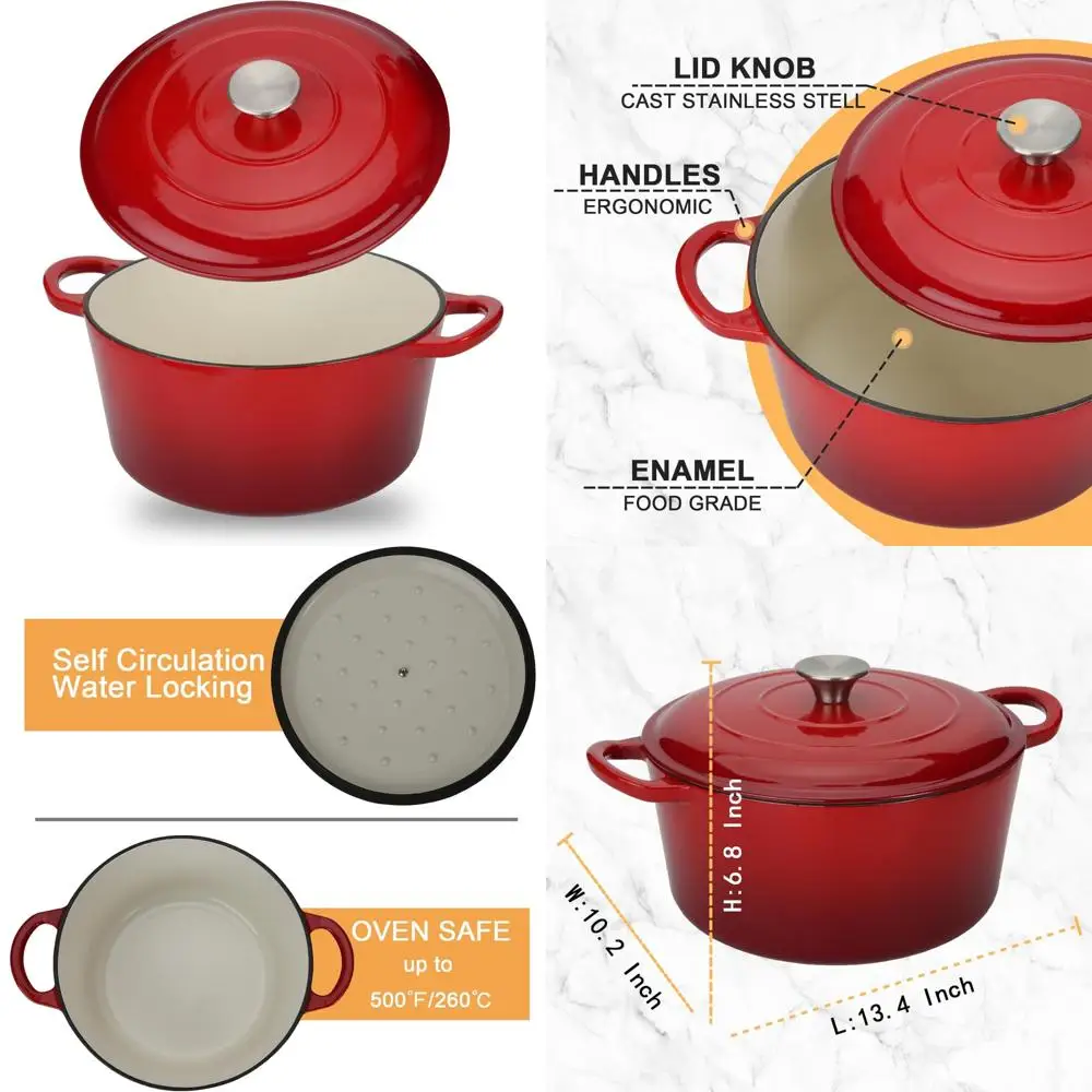 

5.5 Quart Enamel Cast Iron Dutch Oven with Lid, Oven-Safe to 500°F, Heavy-Duty Cookware for Braising and Marinating
