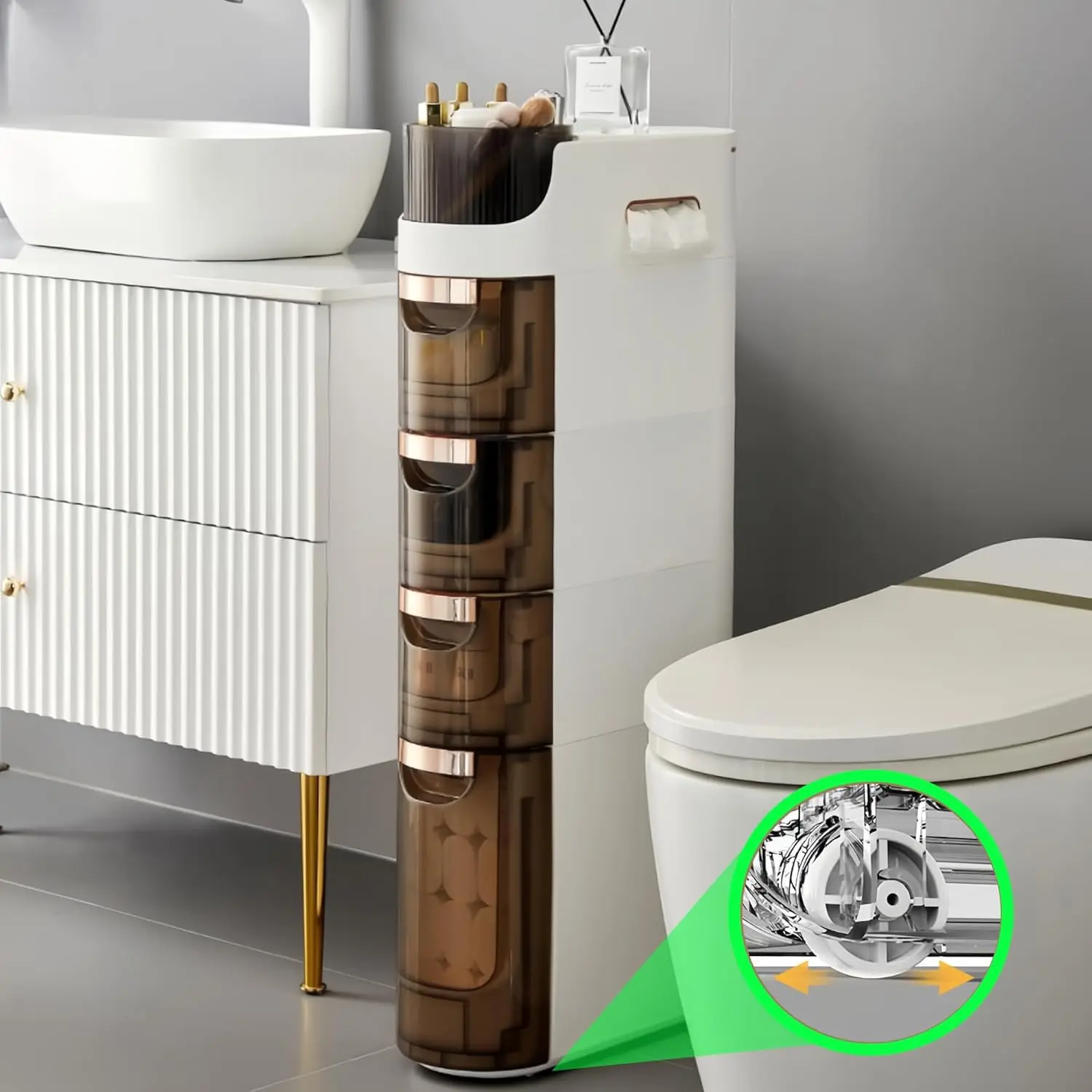 

4-Tiers Slim Bathroom Storage Cabinet, Waterproof Narrow Storage Cabinet, Bathroom Storage Floor Cabinet With Drawers For Small