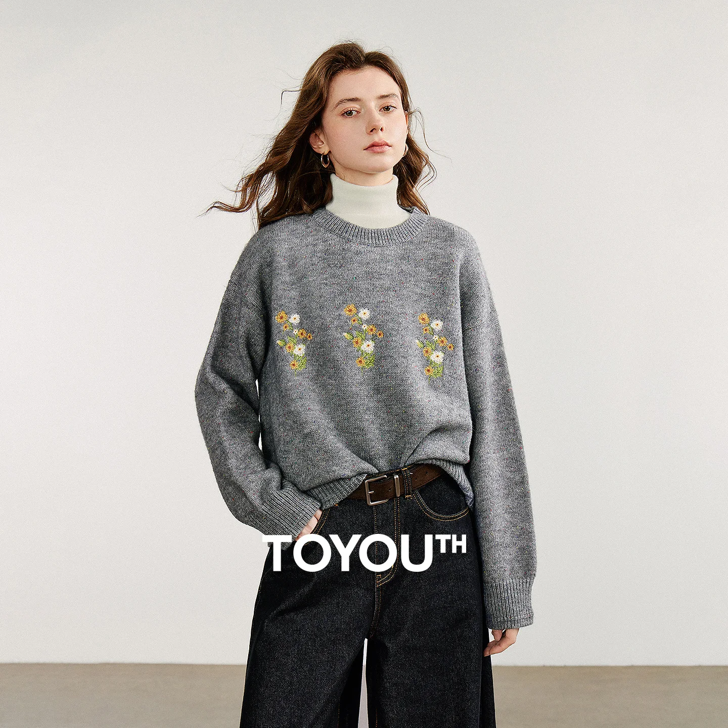 

TOYOUTH Women Knitted Sweater 2025 Autumn New Flower Embroidered Long Sleeve Round Neck Woolen Pullover Tops