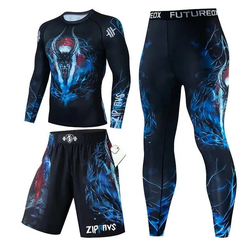 3 Pcs Men's Gym Muay Thai Men MMA Kickboxing Sport Suit BJJ  T Shirts Rash Guard Fitness Tracksuit Boxing Jersey Running Set 91